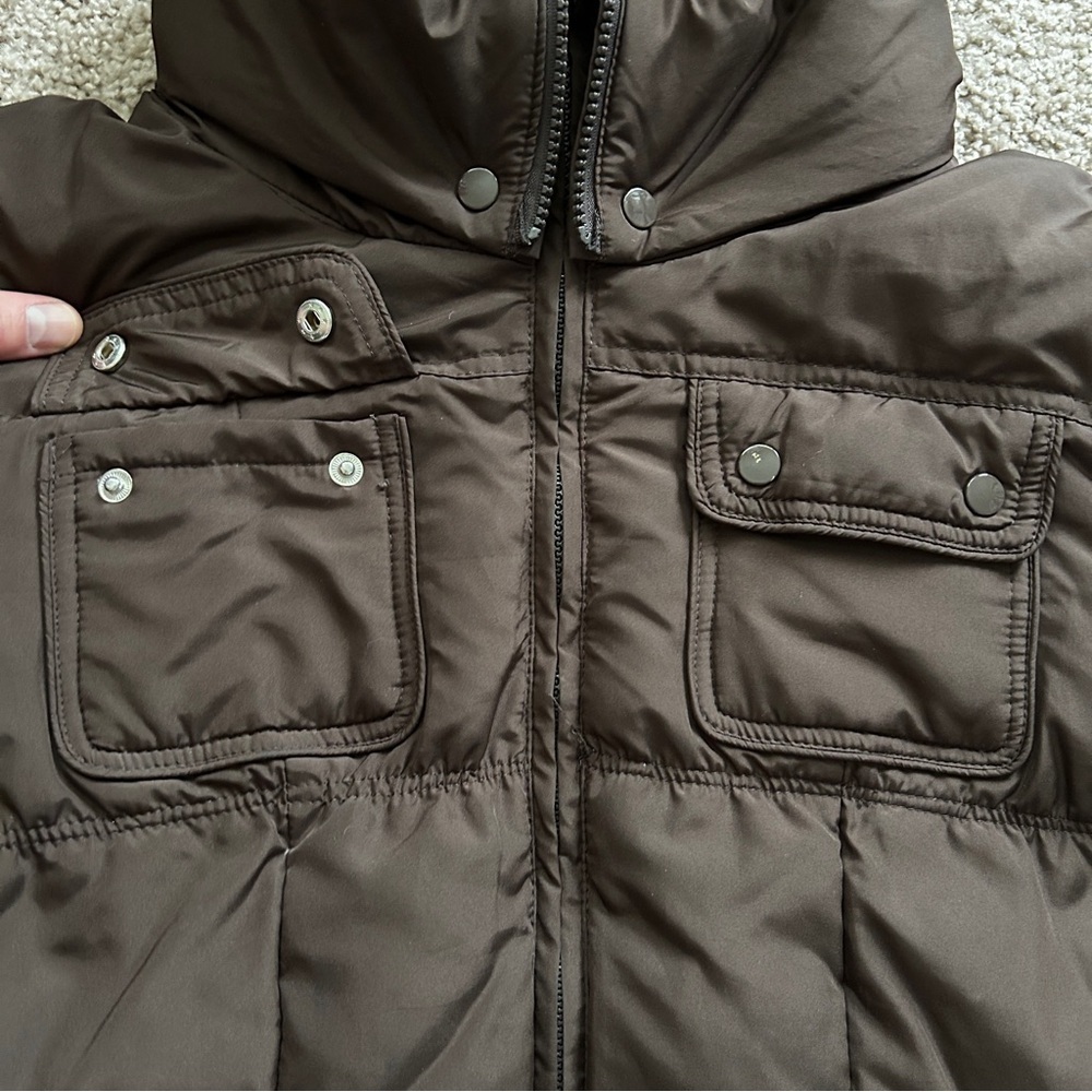 CoffeeShop Chocolate Brown Zip Up Down Feather Puffer Jacket Size Medium - Picture 8 of 15